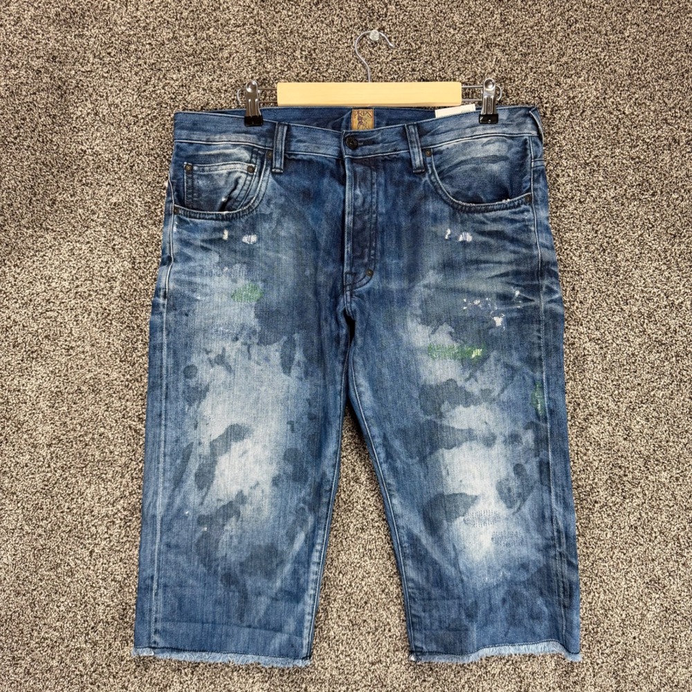 PRPS Barracuda Jean Shorts Mens 34/18 Long Blue Denim Distressed Button Fly Jort